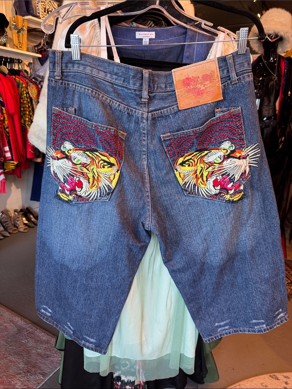 2007 Ed Hardy Embroidered Tiger Back Pocket Denim Shorts